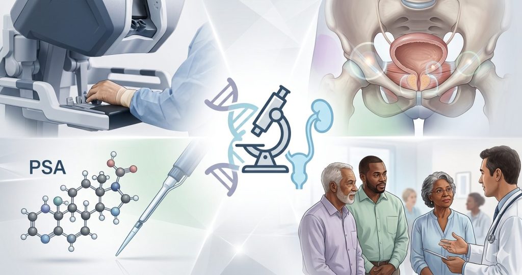 A feature image composition showcasing four diverse areas of urology: robotic surgery, pelvic floor and bladder health, prostate-specific antigen (PSA) molecular research and diagnosis, and patient-doctor interactions in public health, illustrating the breadth of potential dissertation topics.
