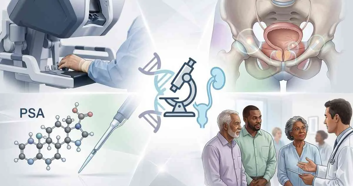 A medical collage showing robotic surgery controls, a prostate anatomy diagram, PSA chemical structure, lab pipette, microscope icon, and a doctor consulting with patients.