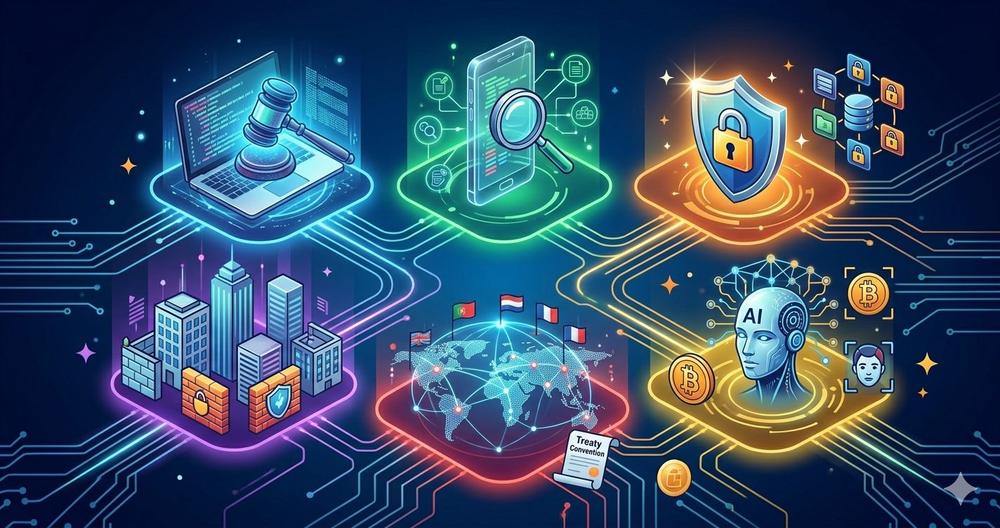 A sleek, futuristic digital illustration in 1200x628 pixels, representing six interconnected research domains of cybercrime law without text. Glowing, distinct zones are seamlessly linked across a circuit-board patterned landscape. Key visual motifs include a holographic judge's gavel and laptop (substantive law), a transparent smartphone with data patterns (procedural law), a shield with a padlock (data privacy), stylized city buildings (corporate liability), a global network map (international law), and an AI humanoid head with cryptocurrency and facial recognition elements (emerging tech). All elements are integrated with a consistent, complex circuit network over a deep blue background, using a dynamic color palette of blues, greens, purples, oranges, reds, and golds.