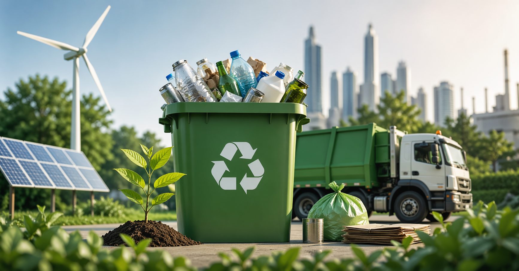 Recycling bin with plastic and glass waste in a sustainable urban environment with solar panels, wind turbines, and waste collection truck