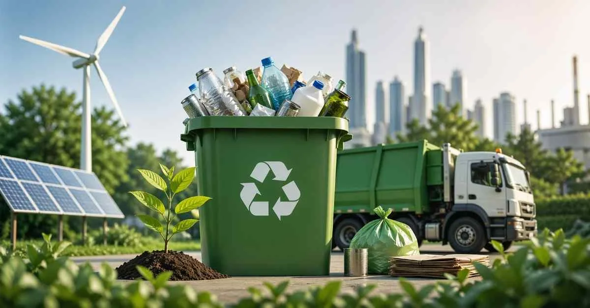 A large green recycling bin overflowing with plastic bottles and aluminum cans, sitting next to a young plant sprout, a recycling truck, and stacked cardboard. A solar panel, wind turbine, and city skyline are visible in the background.