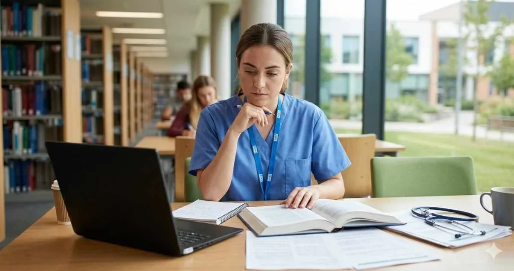 A young female nurse or medical student in blue scrubs wearing an NHS lanyard, sitting at a desk in a university library, focusing on an open textbook with a laptop, stethoscope, and notebook in front of her.