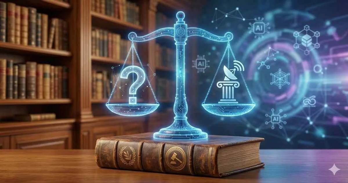 A glowing blue digital scale of justice balances a question mark against a communication satellite pillar, resting on a vintage law book in a library with an abstract artificial intelligence background.