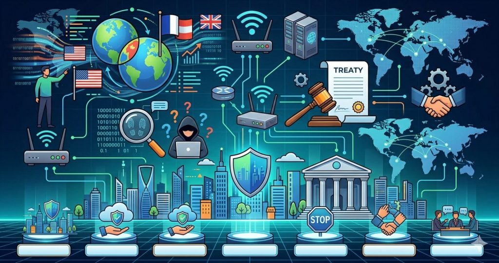 A professional, wide-format conceptual illustration representing international cyber law. The image features a digital world map connected by glowing circuit lines, a judicial gavel resting on a treaty document, and icons of handshakes symbolizing international cooperation. Various global flags, a courthouse, and digital security shields are overlaid on a futuristic cityscape, illustrating the intersection of national legal systems and borderless digital crimes.