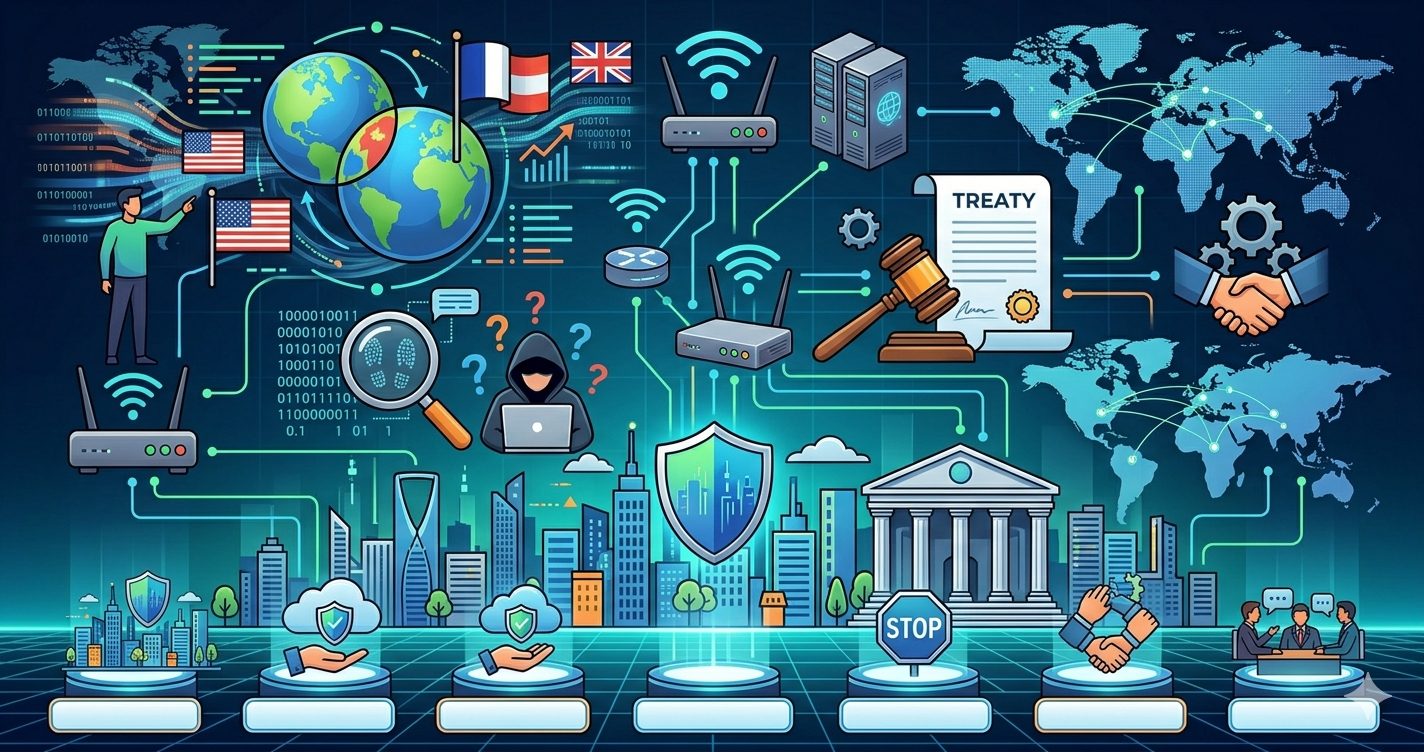 A professional, wide-format conceptual illustration representing international cyber law. The image features a digital world map connected by glowing circuit lines, a judicial gavel resting on a treaty document, and icons of handshakes symbolizing international cooperation. Various global flags, a courthouse, and digital security shields are overlaid on a futuristic cityscape, illustrating the intersection of national legal systems and borderless digital crimes.