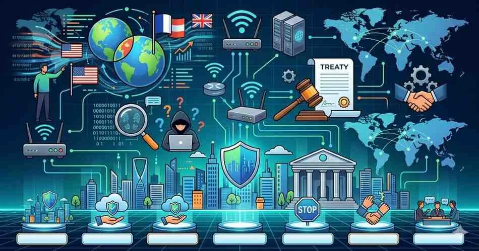 A detailed infographic illustration mapping global digital networks, cybersecurity measures, international laws, a hooded hacker, and a cityscape on a blue background, all connected by glowing green circuits.