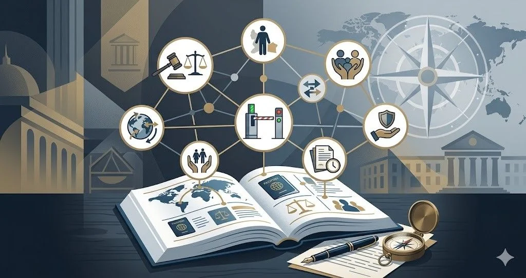 A wide legal textbook open on a desk with a fountain pen and compass. Above the book, a network of icons depicts scales of justice, passports, global migration, and human rights symbols against a backdrop of a world map and neoclassical government buildings.