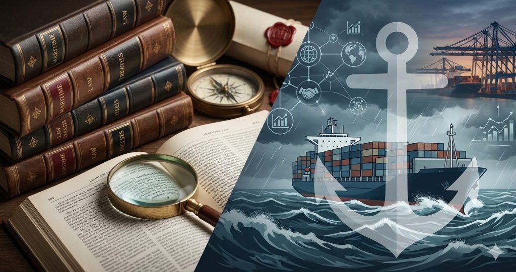 A split-screen digital illustration for maritime law studies. On the left, a traditional academic setting with vintage leather-bound law books, a magnifying glass, and a brass compass. On the right, a modern nautical scene featuring a large container ship on stormy seas, a digital anchor overlay, and icons representing global trade and maritime logistics.