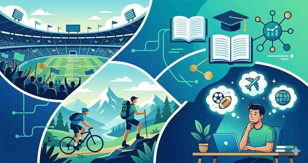 digital illustration showing a student researching sports tourism topics including major stadium events and adventure mountain activities