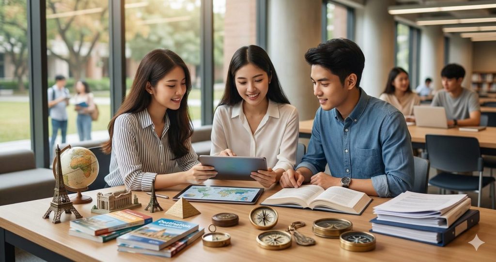 A diverse group of three undergraduate or graduate students collaborate around a table in a university library, using tablets, books, a globe, and miniature models of world landmarks like the Eiffel Tower and Pyramids, symbolizing the intersection of academic study and international tourism marketing.