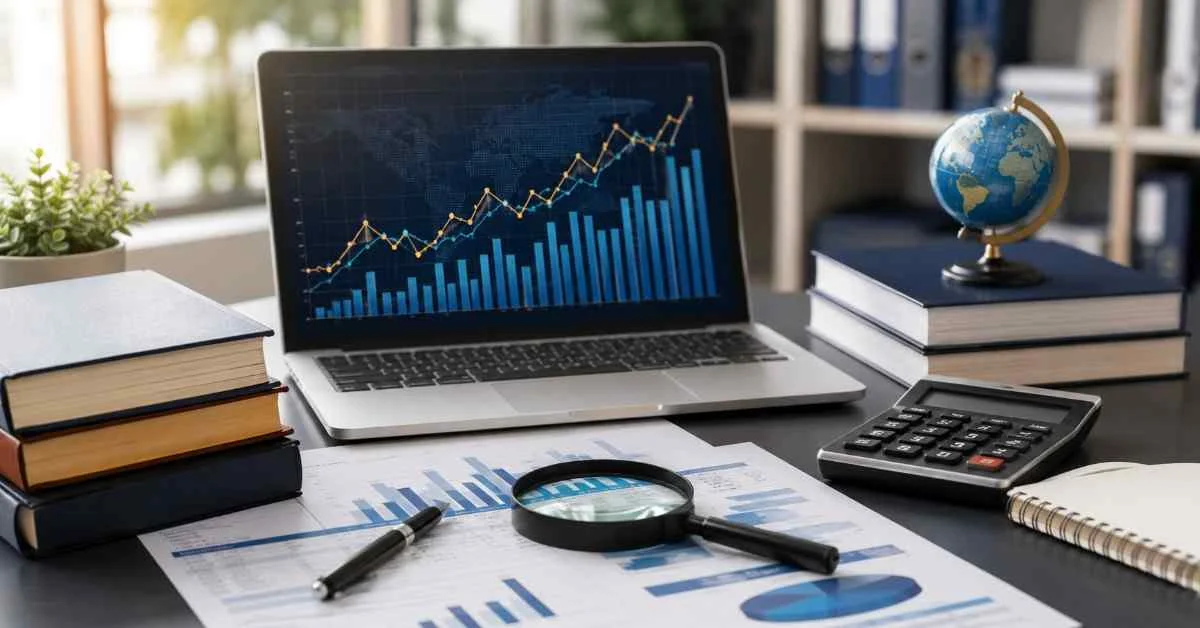 Modern accounting and finance research workspace with laptop showing financial charts, calculator, books, graphs, and analysis documents on a desk.