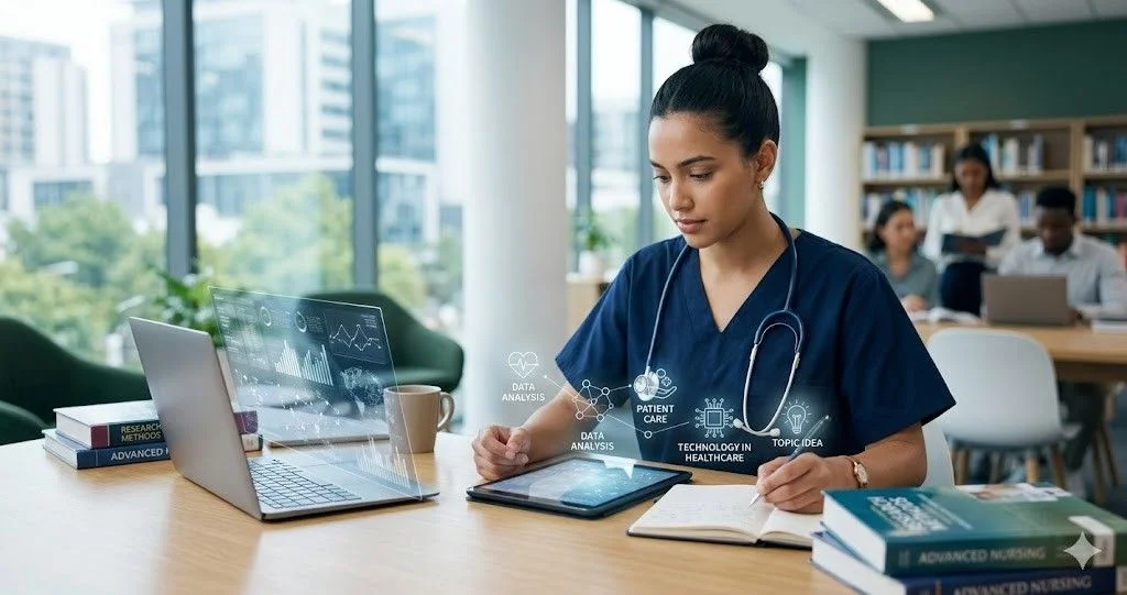 A nursing student in blue scrubs studying with a laptop and medical textbooks in a modern university library to research adult nursing dissertation topics