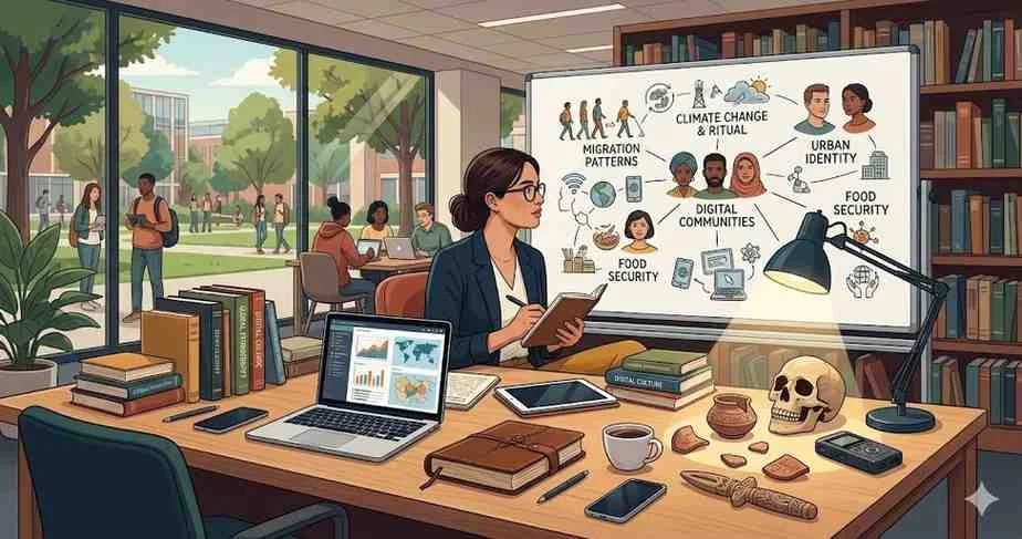 A student analyzing artifacts and data in a library for an anthropology dissertation.