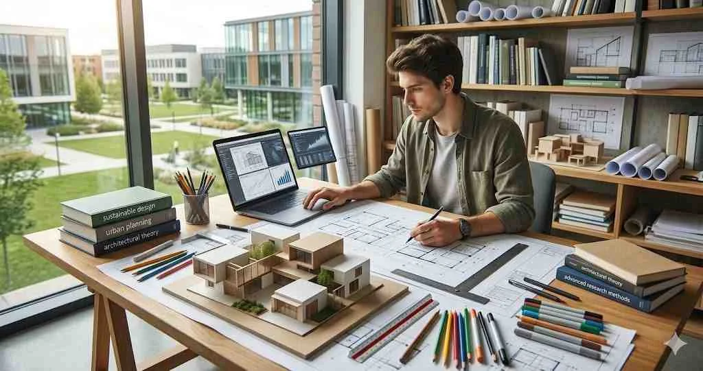 Architecture student sits at desk with sustainable design books, laptop displaying charts, modern scale models, and blueprints, researching and sketching new ideas in a bright modern office