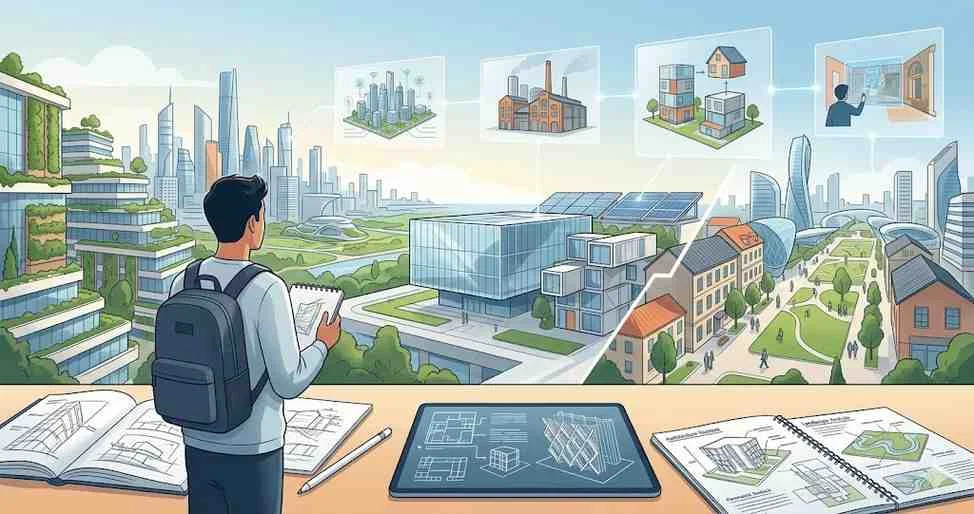 Architecture student with backpack and sketchbook analyzing diverse 2026 dissertation research topics like smart cities and sustainable modular design.