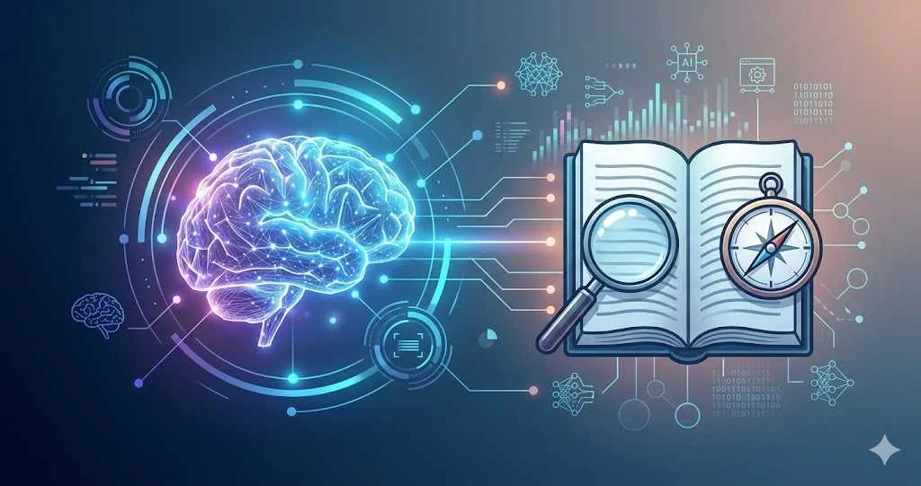 A digital glowing brain connects to an open book with a magnifying glass and compass representing AI dissertation research and academic guidance.