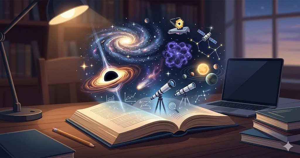 A wide 1200x628 digital illustration of an open textbook on a desk featuring a glowing holographic display of a black hole, spiral galaxy, telescopes, and satellites.