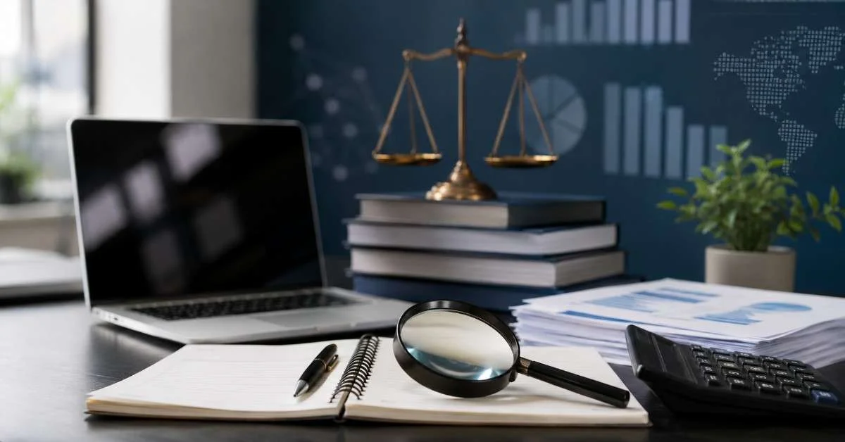 Modern auditing workspace with financial reports, audit analytics dashboard, compliance documents, and corporate accounting tools