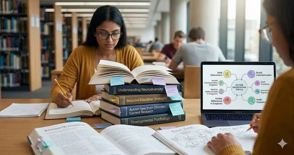 A university student researches autism dissertation topics on a laptop and uses academic books focused on neurodiversity and inclusive education strategies in a library setting.