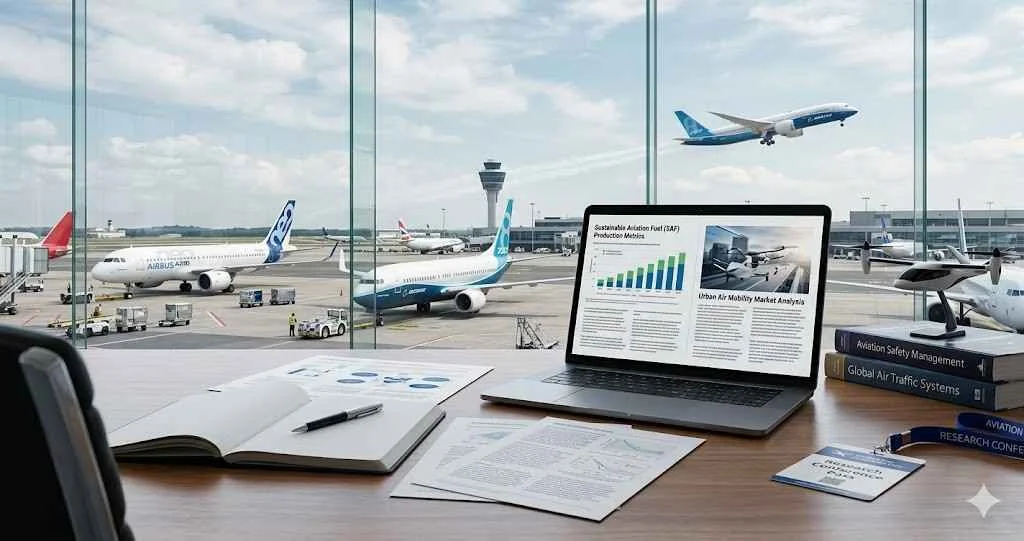 A professional desk with a laptop displaying aviation data charts and research papers overlooking a busy airport runway with modern aircraft.