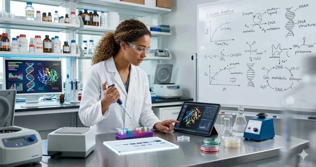 A female biochemistry scientist with a micropipette and a tablet, working at a lab bench surrounded by equipment.
