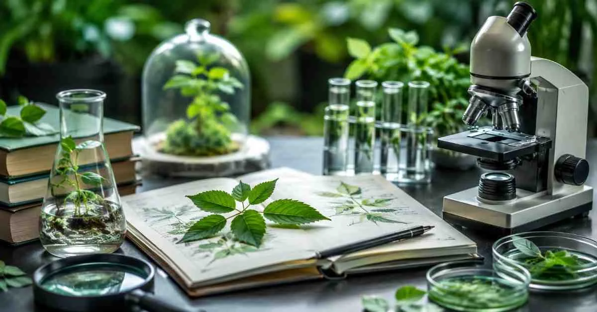 Botany research workspace with microscope, plant samples, laboratory glassware, and botanical sketches for plant science dissertation research