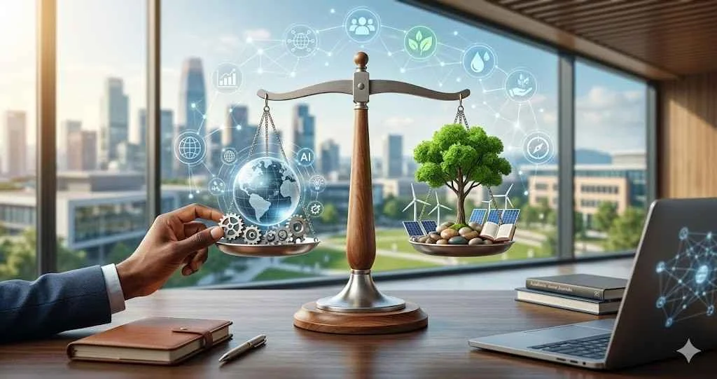 A conceptual 3D illustration showing a balanced scale with a digital globe and industrial gears on one side and a green tree with renewable energy icons on the other representing ethical business research in 2026.
