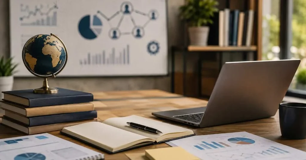 Modern business management workspace with laptop, notebook, charts, and books for dissertation research planning