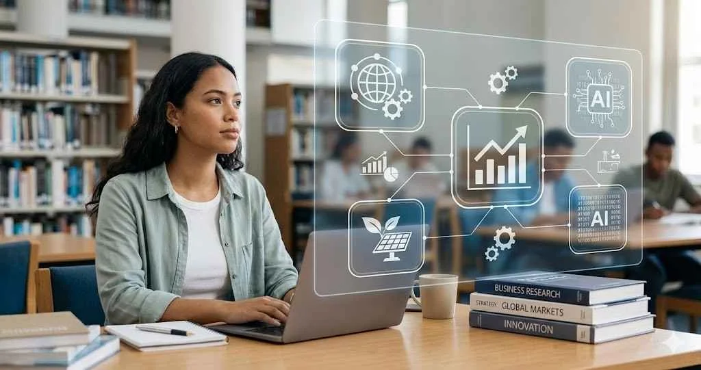 A student in a library using a laptop with a digital overlay showing icons for AI, global markets, and sustainable energy representing business dissertation topics.