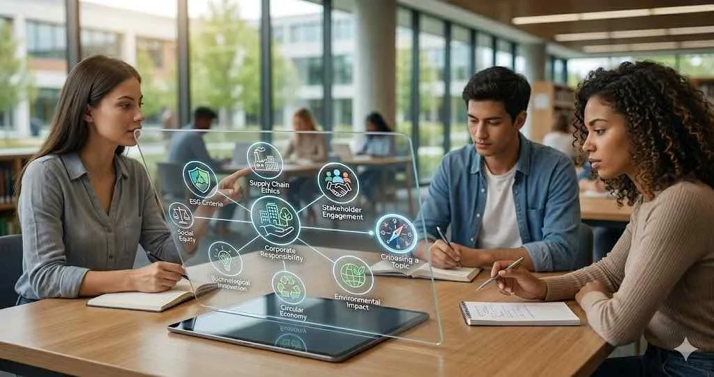 A collaborative group of four business students uses an interactive transparent display to visualize interconnected circular nodes for a comprehensive CSR dissertation framework. The screen displays themes including ESG Criteria, Supply Chain Ethics, Social Equity, Environmental Impact, Circular Economy, Stakeholder Engagement, and innovation, all glowing and linked. One student points and explains, others take notes in a bright, modern university setting with a campus view.
