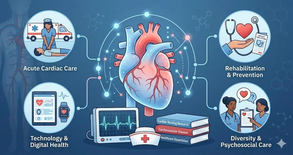 An infographic illustration for cardiac nursing research showing a human heart surrounded by medical icons for acute care, rehabilitation, digital health technology, and nursing diversity.