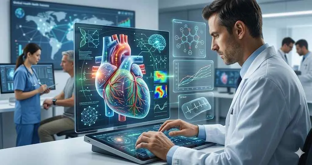 A medical researcher analyzing a detailed 3D digital model of a human heart on a high-tech computer screen in a cardiology lab.