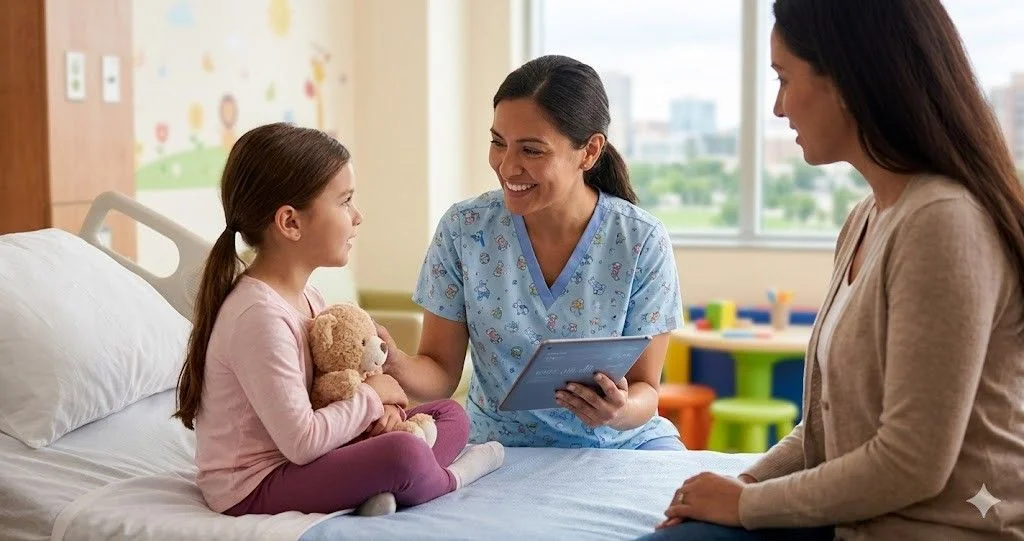 A pediatric nurse smiles at a young girl holding a teddy bear in a hospital room, while the mother sits nearby. The nurse holds a tablet, symbolizing the use of digital health in children's nursing research.