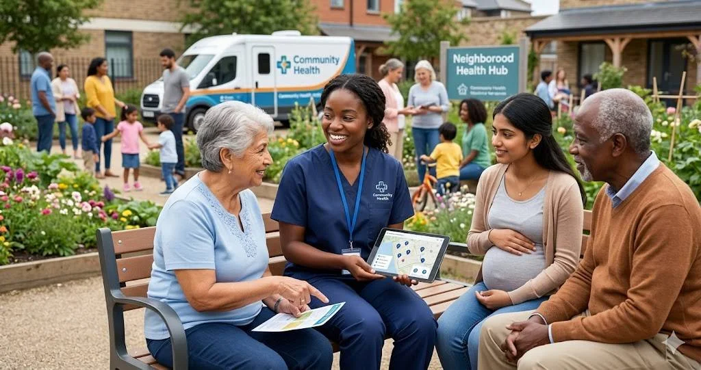 A community health nurse in blue scrubs using a digital tablet to consult with a diverse group of elderly and pregnant patients in a vibrant outdoor neighborhood garden.