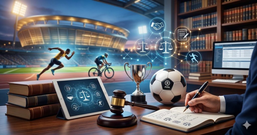 A high-quality composite image featuring a legal workspace with a gavel, law books, and a digital tablet showing legal icons, transitioning into a vibrant sports stadium background with a runner and a cyclist.