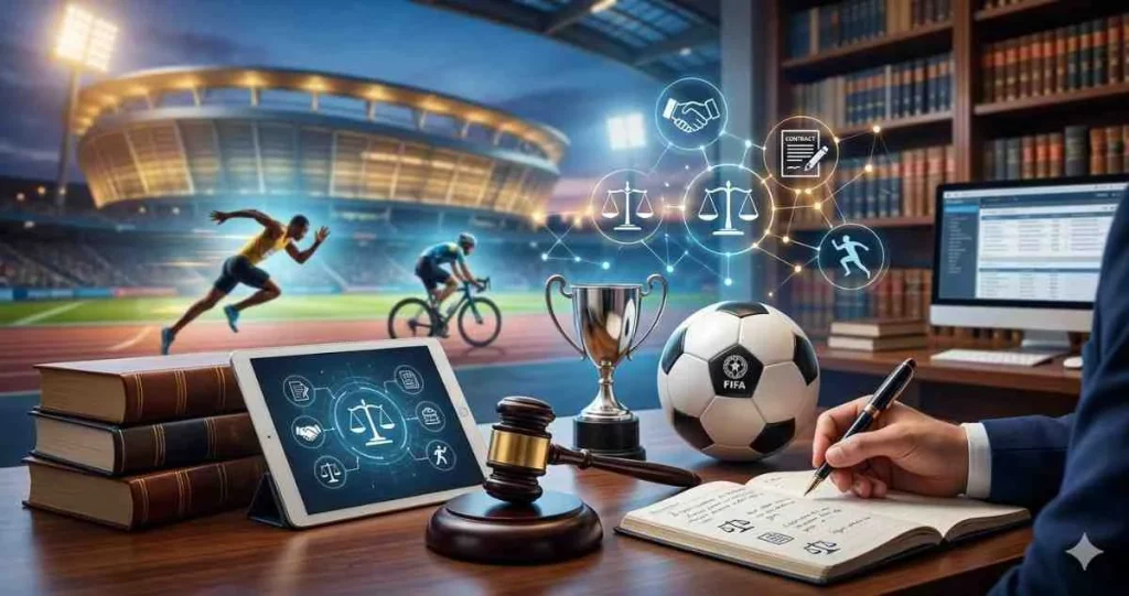 A desk representing sports law featuring a legal gavel, a FIFA soccer ball, a championship trophy, and law books, with a digital overlay of legal icons blending into an athletic stadium with a runner and cyclist.