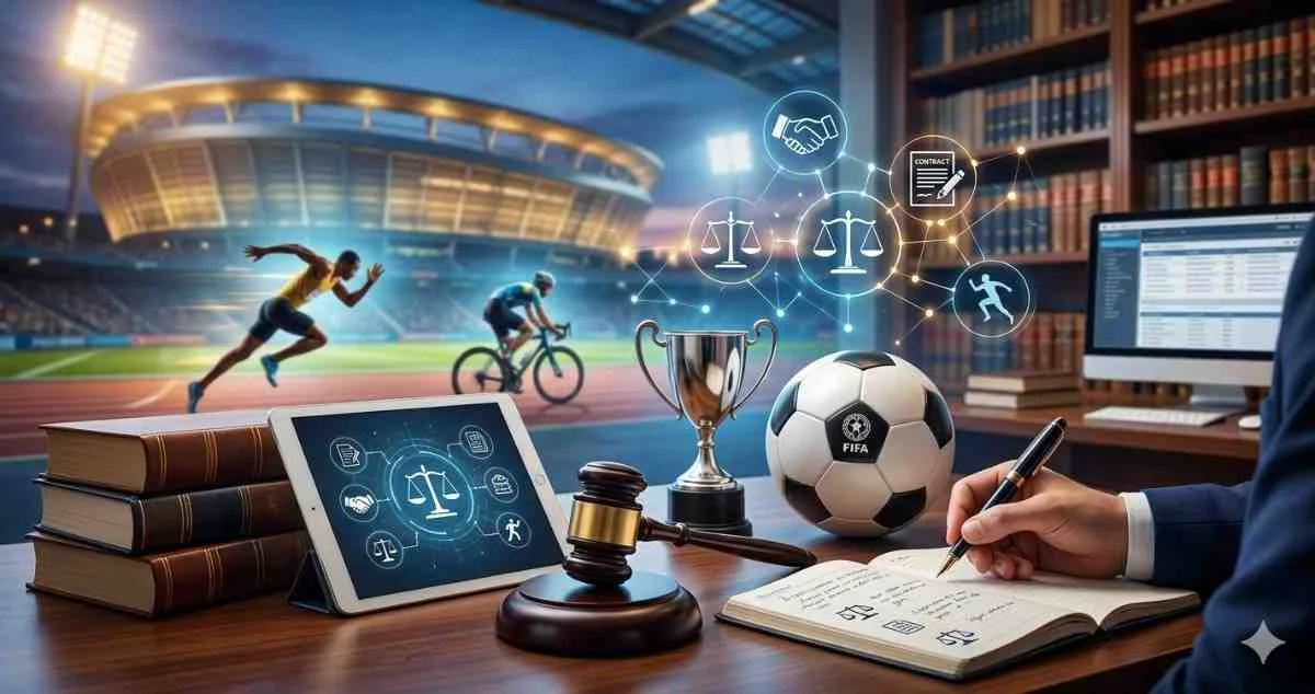A desk representing sports law featuring a legal gavel, a FIFA soccer ball, a championship trophy, and law books, with a digital overlay of legal icons blending into an athletic stadium with a runner and cyclist.
