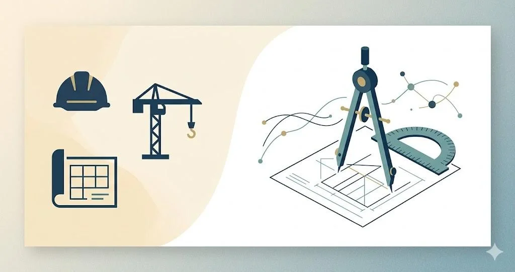 Flat design illustration showing construction research concepts. A hard hat and blueprint are on the left; a compass and data lines are on the right.
