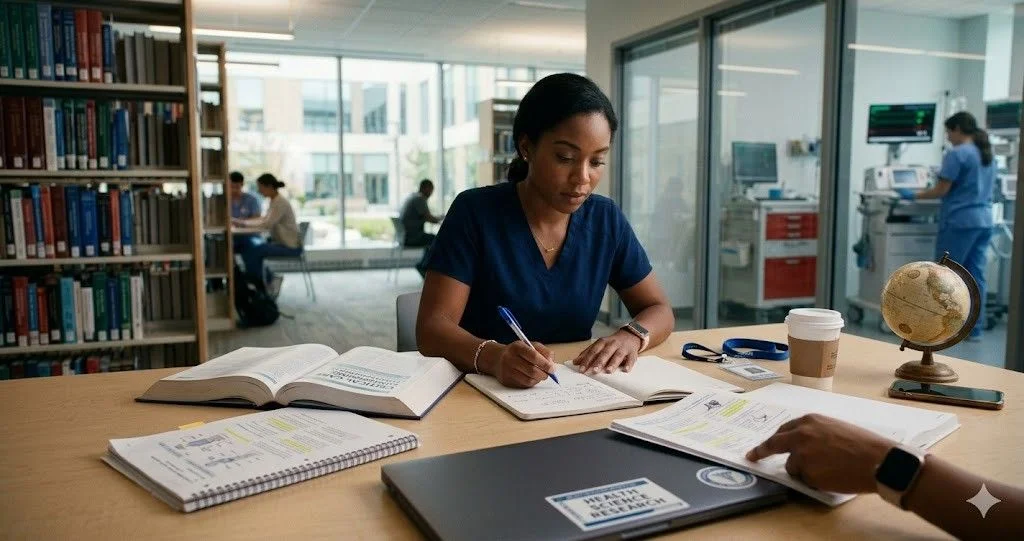 Nursing student in scrubs writing notes and researching critical care dissertation topics in a library.