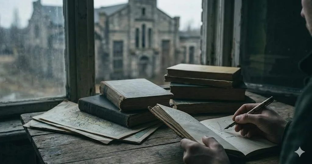 A close-up view of a person writing in a journal surrounded by old books and maps, reflecting on dark tourism topics with a large stone building outside a window. Caption: Diligent analysis is required when choosing dissertation topics that examine sites associated with death and suffering.