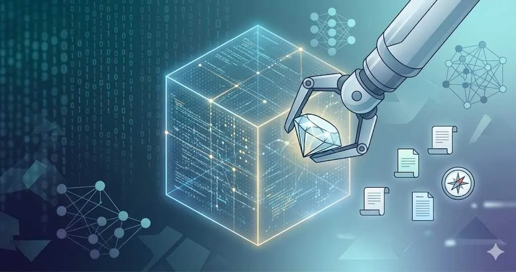 A digital illustration of a robotic arm mining a diamond from a data cube