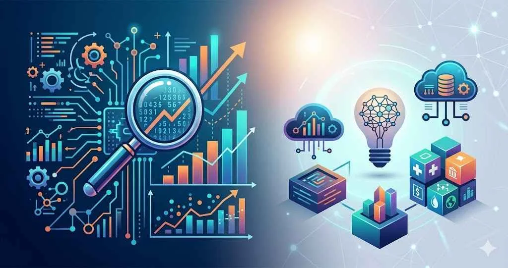 A dynamic digital illustration showing a data network and predictive analysis concept.