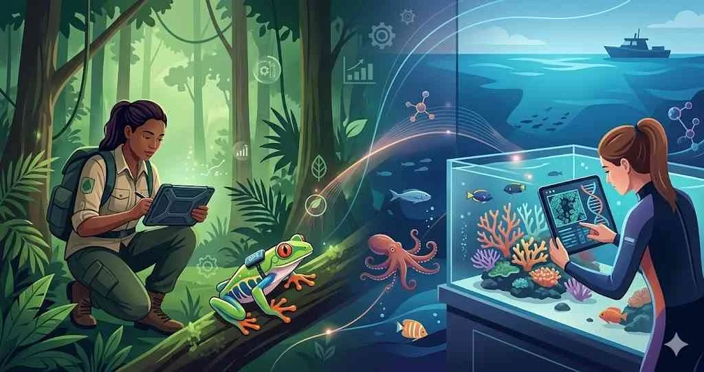 digital illustration depicting two distinct yet connected research environments. On the left a female researcher in a lush green jungle crouches with a tablet next to a GPS tagged tree frog. On the right another female researcher in a dark suit interacts with a coral reef tank in a laboratory with a tablet showing marine data. Connecting lines and scientific icons bridge the two scenes which include an octopus fish and a distant research vessel.