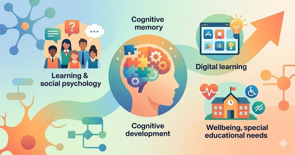 A 1200x628 educational psychology feature image with multiple icons representing core research areas.