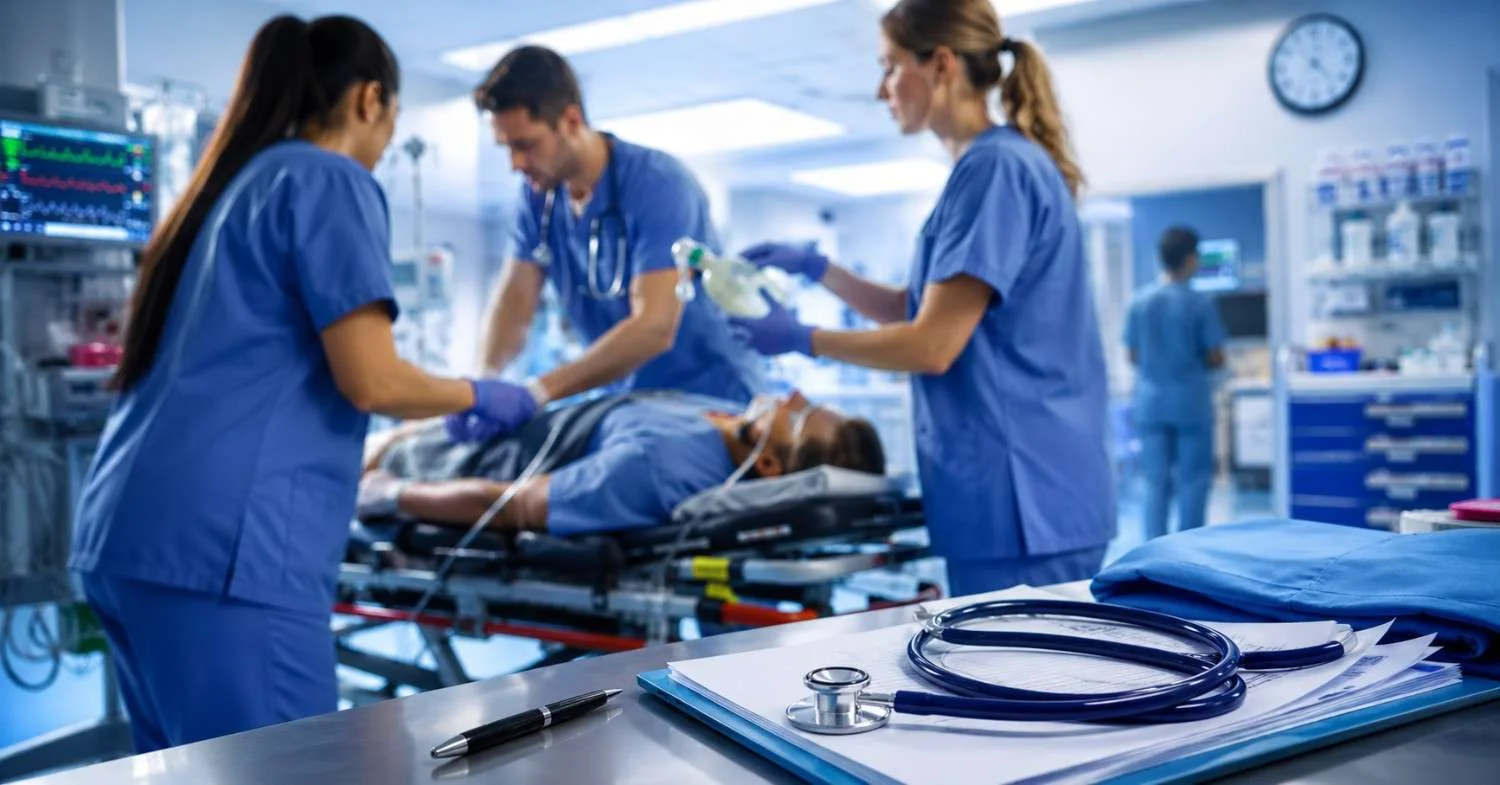 Emergency nurses performing life saving treatment on a critical patient in a hospital emergency room