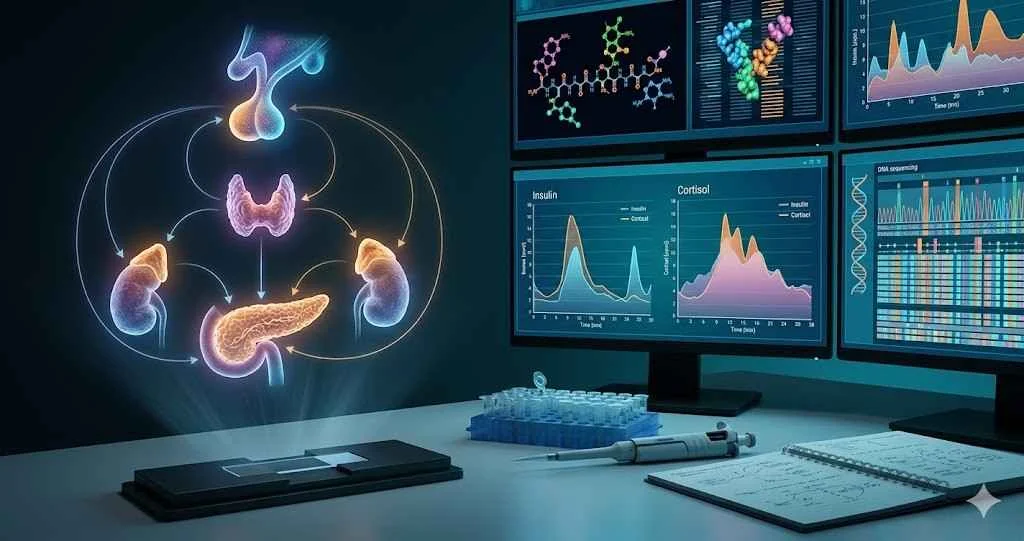 A medical illustration showing a illuminated model of the endocrine system's gland interactions alongside scientific monitors displaying data for insulin and cortisol levels.