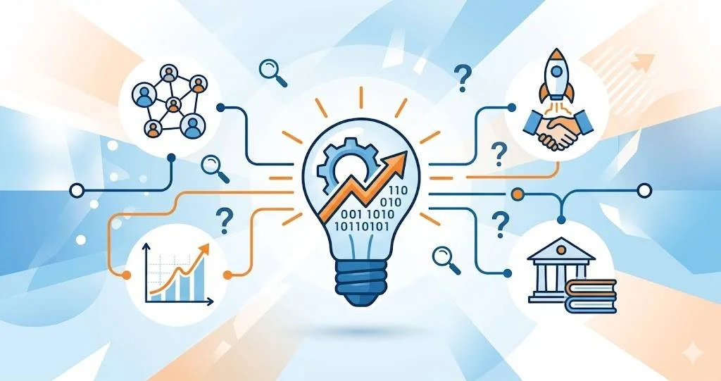 An illustration of innovation and business research nodes connecting to a central idea lightbulb for selecting dissertation topics.