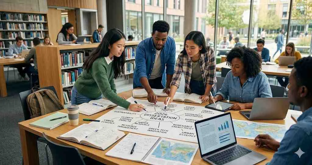 A diverse group of university students collaborating around a library table to brainstorm 2026 environmental dissertation topics and sustainability research ideas using laptops, maps, and diagrams.