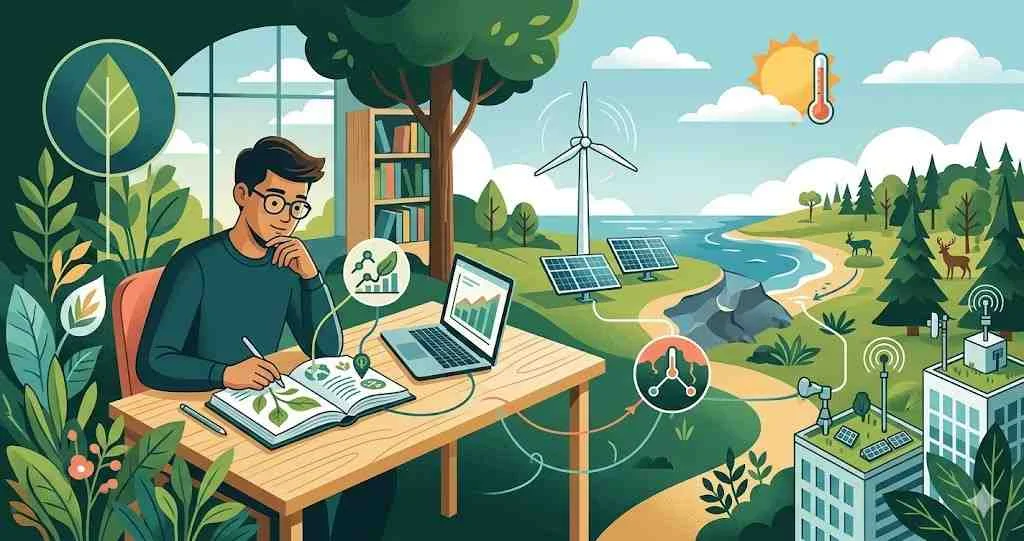 A student researcher at a desk studying interconnected global ecological data, renewable energy, and environmental monitoring.