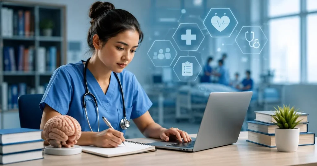 Nursing student in scrubs writing notes and using laptop in clinical study environment with medical icons